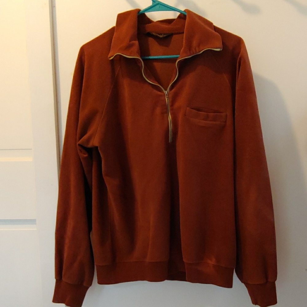 RARE Vintage 70s Lee Jeans Brown Velour 3/4 zip Sweatshirt size L